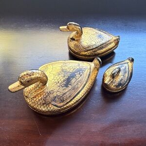 Set of 3 small vintage gold and black duck jewelry boxes / trinket holders